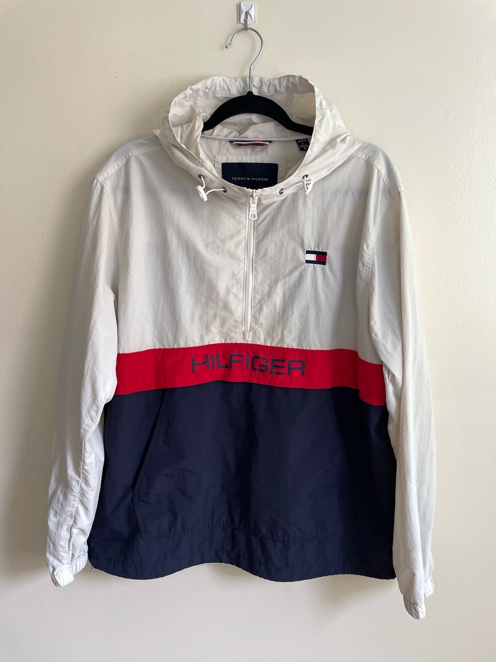 Tommy Hilfiger Colorblock Anorak Windbreaker Hooded Half Zip Red Navy Off White